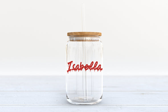 customizable Murder Shows and comfy clothes, Beer can Glass. Sublimated glass can with bamboo lid and glass straw.