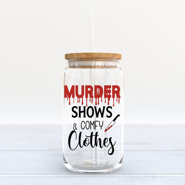 customizable Murder Shows and comfy clothes, Beer can Glass. Sublimated glass can with bamboo lid and glass straw.