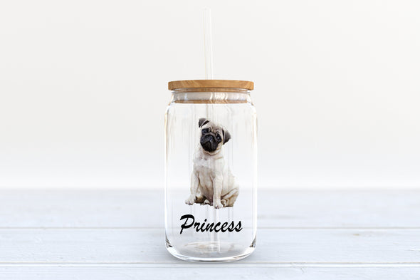 customizable Doggy glass.  Dog Mom, Dog Dad.  perfect Dog lovers gift. Beer can Glass. Sublimated glass can with bamboo lid and glass straw.