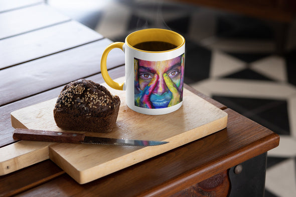 Painted woman. Beauty on a mug.  rainbow art.  coffee mug.  Hypnotic eyes