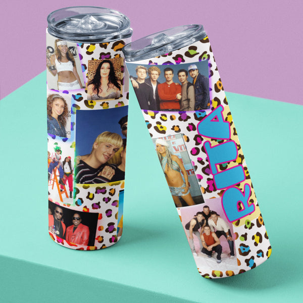Glossy 90's pop star tumbler.  Personalize with a name!