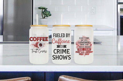 Crime show cups and glass cans, Libbey glasses, true crime