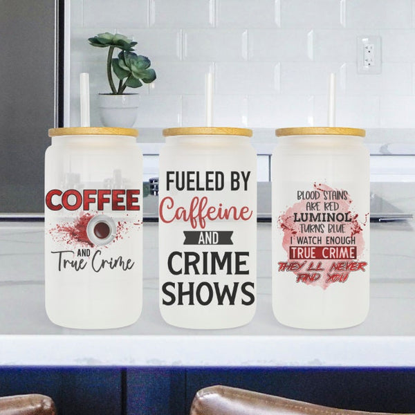Crime show cups and glass cans, Libbey glasses, true crime